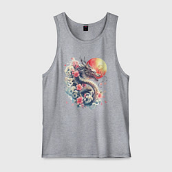 Мужская майка Японский дракон на фоне солнца и цветки сакуры
