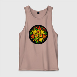 Майка мужская хлопок Хохломская роспись цветы и ягоды в чёрном круге, цвет: пыльно-розовый