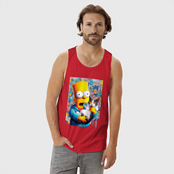 Майка мужская хлопок Bart Simpson with a kitten - ai art, цвет: красный — фото 2