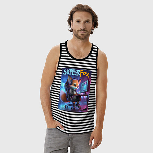Мужская майка Super fox gamer - ai art fantasy / Черная тельняшка – фото 3