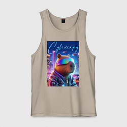 Майка мужская хлопок Cyber capybara - neon metropolis, цвет: миндальный