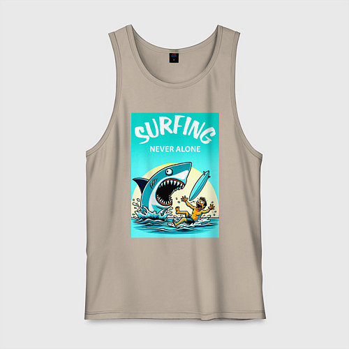 Мужская майка Surfing never alone - shark and surfer / Миндальный – фото 1