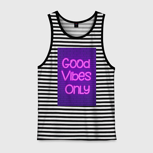 Мужская майка Неоновая надпись good vibes only и кирпичная стена / Черная тельняшка – фото 1