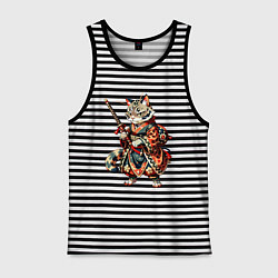 Майка мужская хлопок Кот ниндзя - японский воин, цвет: черная тельняшка