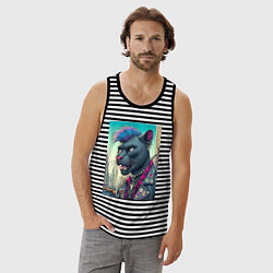 Майка мужская хлопок Чувак пантера панк житель Нью-Йорка - нейросеть, цвет: черная тельняшка — фото 2