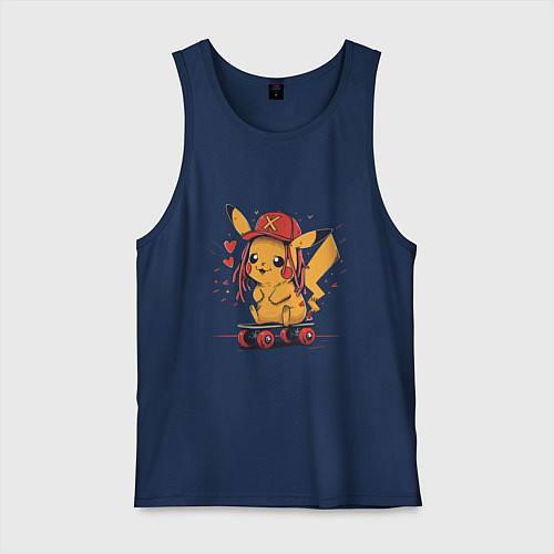 Мужская майка Пикачу в кепке на скейте / Тёмно-синий – фото 1