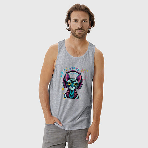 Мужская майка Кот в наушниках - музыка / Меланж – фото 3