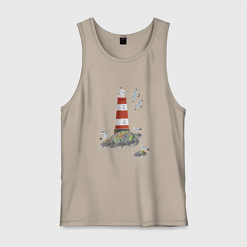 Мужская майка Маяк и чайки на берегу моря / Миндальный – фото 1