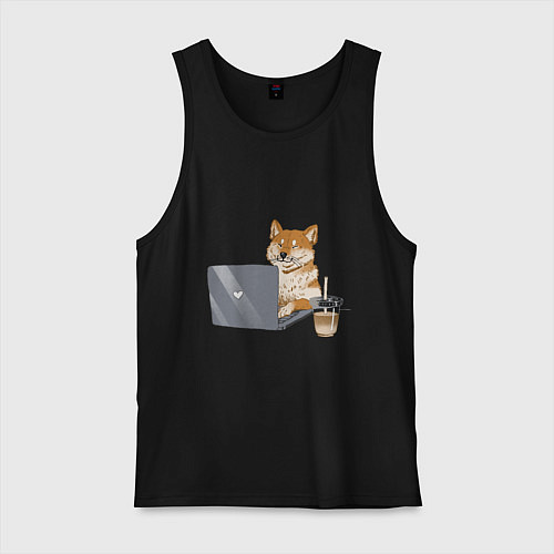 Мужская майка Собака Сиба ину печатает на ноутбуке с кофе / Черный – фото 1