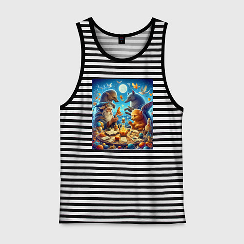 Мужская майка Леший за сказочным столом в окружении зверья - ней / Черная тельняшка – фото 1