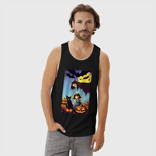 Мужская майка Ведьма зависла над девочкой и котом / Черный – фото 3