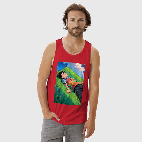 Мужская майка Аниме мальчик на траве / Красный – фото 3