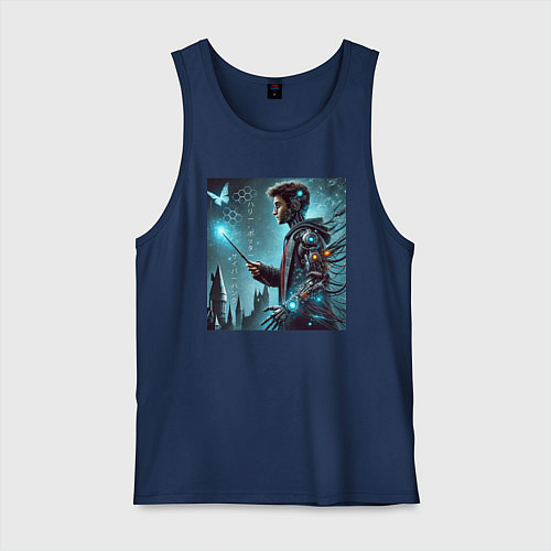 Мужская майка Harry Potter with a magic wand - cyberpunk / Тёмно-синий – фото 1