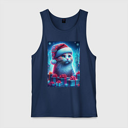 Майка мужская хлопок Новогодний котик среди подарков, цвет: тёмно-синий