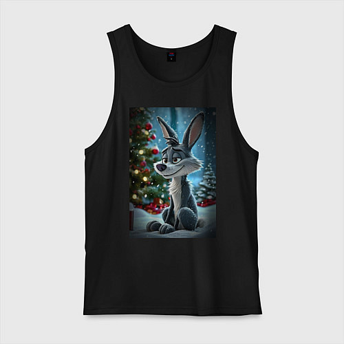 Мужская майка Серый волк у елочки / Черный – фото 1