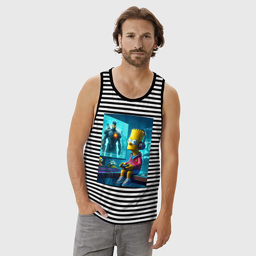 Мужская майка Bart Simpson is an avid gamer / Черная тельняшка – фото 3