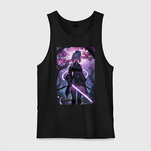 Мужская майка Девушка с катаной на фоне цветущей сакуры / Черный – фото 1