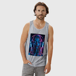 Майка мужская хлопок Девушка с наушниками в неоне, цвет: меланж — фото 2