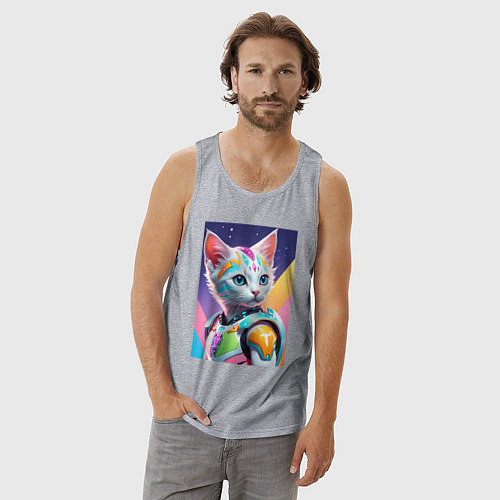 Мужская майка Котик в стиле киберпанк / Меланж – фото 3