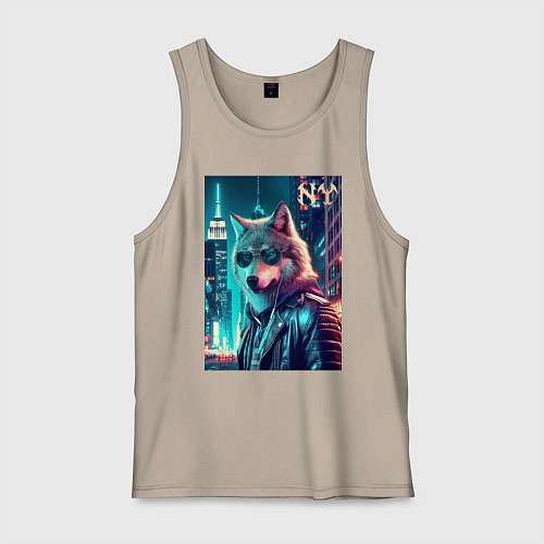 Мужская майка Крутой волчара в ночном Нью-Йорке - нейроарт / Миндальный – фото 1