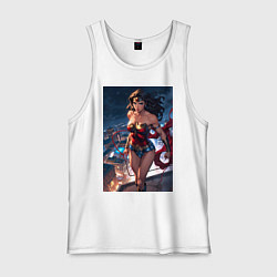 Майка мужская хлопок Чудо-женщина на крыше с городским фоном в стиле ко, цвет: белый