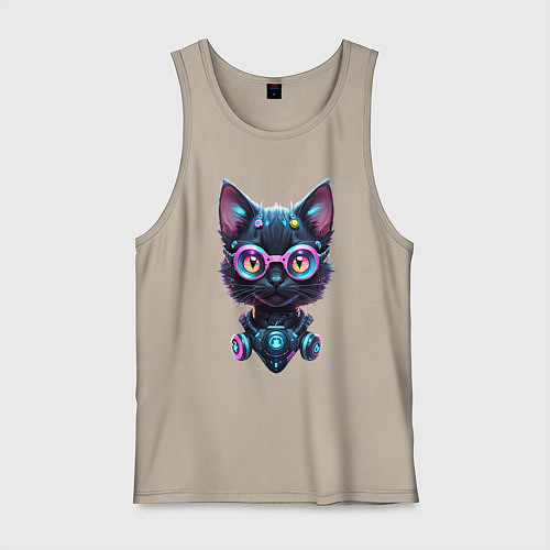 Мужская майка Прикольный котёнок - киберпанк / Миндальный – фото 1