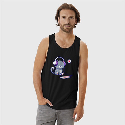 Мужская майка Котёнок меломан / Черный – фото 3