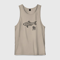 Майка мужская хлопок Рыба с японским иероглифом, цвет: миндальный