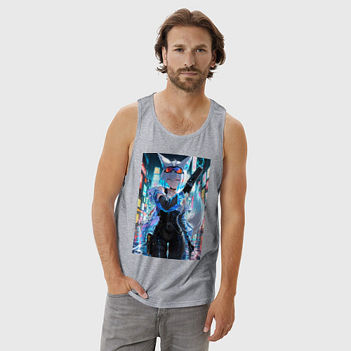 Мужская майка Лиса наемник в стиле Cyberpunk / Меланж – фото 3