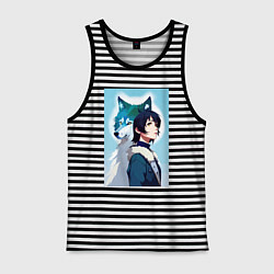 Майка мужская хлопок Мечтательная девчонка и волк - нейроарт, цвет: черная тельняшка