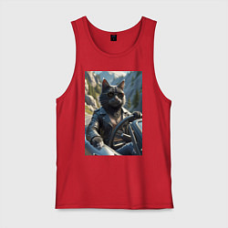 Майка мужская хлопок Кот за рулем кабролета, цвет: красный