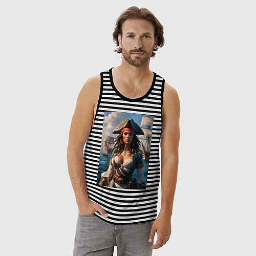 Мужская майка Пиратка на фона флотилии кораблей / Черная тельняшка – фото 3