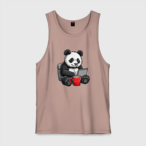 Мужская майка Панда с кофе за ноутбуком / Пыльно-розовый – фото 1