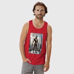 Майка мужская хлопок Инопланетянин в городе будущего, цвет: красный — фото 2