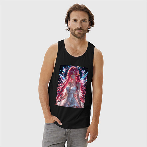 Мужская майка Сияющая фея с крыльями и бабочками / Черный – фото 3