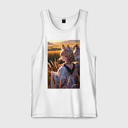 Майка мужская хлопок Девушка-волчица посреди поля пшеницы, цвет: белый