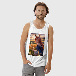 Майка мужская хлопок Девушка-волчица посреди поля пшеницы, цвет: белый — фото 2