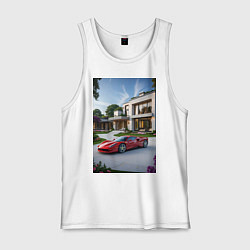 Майка мужская хлопок Красный суперкар у дома, цвет: белый