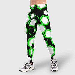 Тайтсы мужские Бело-зелёные шестиугольники на чёрном фоне, цвет: 3D-принт — фото 2