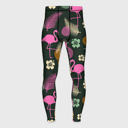 Тайтсы мужские Фламинго и листья на темно-зеленом, цвет: 3D-принт