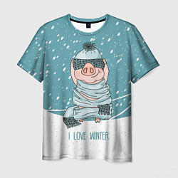 Футболка мужская Pig: I love winter, цвет: 3D-принт