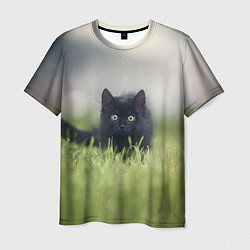 Футболка мужская Черный кот на лугу, цвет: 3D-принт