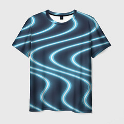 Футболка мужская Неоновый свет Волны голубые на темном фоне, цвет: 3D-принт