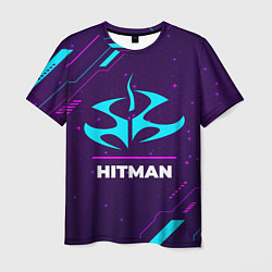 Футболка мужская Символ Hitman в неоновых цветах на темном фоне, цвет: 3D-принт