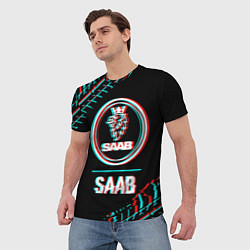Футболка мужская Значок Saab в стиле Glitch на темном фоне, цвет: 3D-принт — фото 2