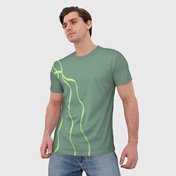 Футболка мужская Абстрактные зеленые линии на фоне цвета хаки, цвет: 3D-принт — фото 2