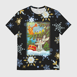 Футболка мужская Новый год зайчик играет на барабане, цвет: 3D-принт