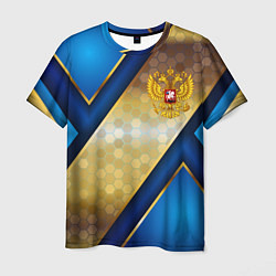 Футболка мужская Золотой герб России на синем объемном фоне, цвет: 3D-принт