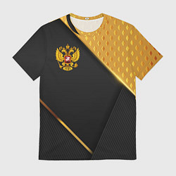 Мужская футболка Герб России на черном фоне с золотыми вставками