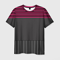 Футболка мужская Комбинированный серый с красным полосатый узор, цвет: 3D-принт